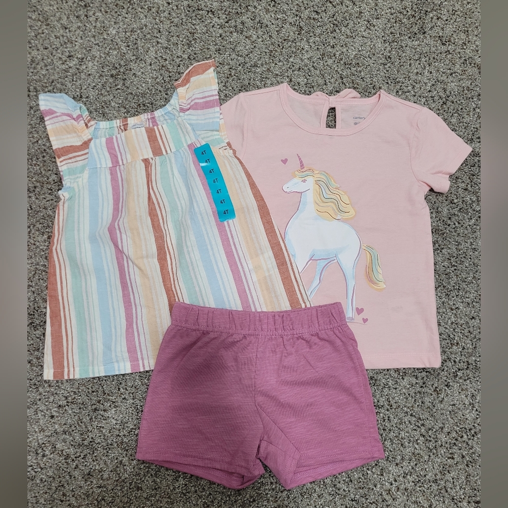 NWT carter's girls 3 piece shorts tee flutter tank set 4t pink stripe unicorn